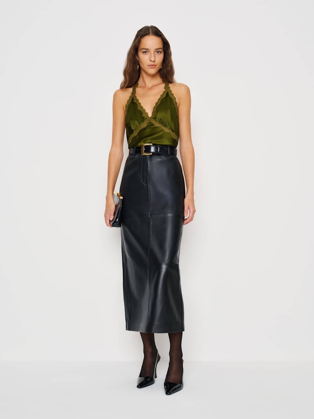 Reformation Monica silk halter in moss green - size m
